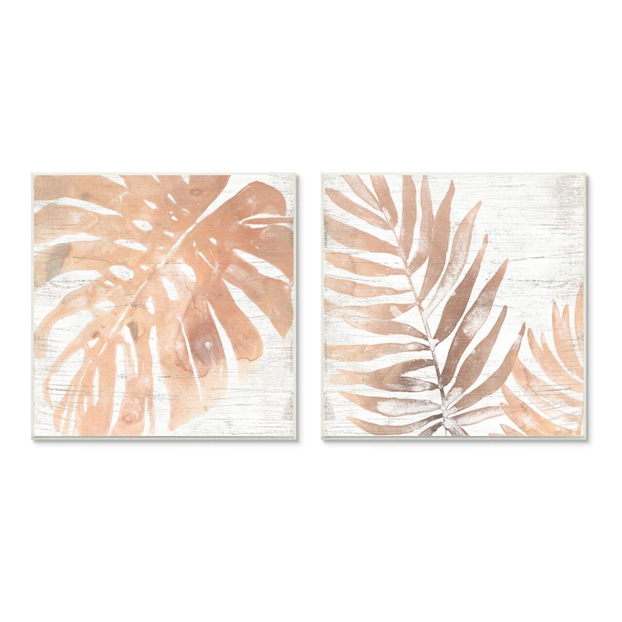 Stupell Industries Orange Palm Leaves over Rustic Distressed Pattern Wall Plaque Set
